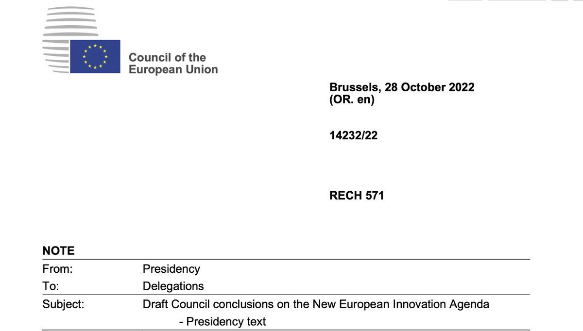 New @EU2022_CZ proposal for the New European Innovation Agenda is a much improved text: drops exclusive focus on deep tech, recognises key role of fundamental research and Europe's science base, and underlines importance of high-quality education. 👉bit.ly/3U7o9Ek