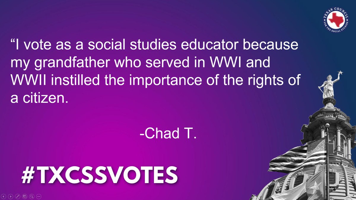 TxSocialStudies's tweet photo. “I vote as a social studies educator because my grandfather who served in WWI and WWII instilled the importance of the rights of a citizen."
-Chad T.
#EducatorVotingDay! #txcssvotes #txed #vote https://t.co/KzC3ibFANk