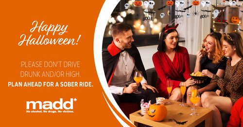 madd_sk's tweet photo. If you are going out with your ghoul friend and have too much boos or smoke too much of the green goblin always plan a safe ride home… call a cab, call an Uber, use public transportation or call a sober friend.
#happyhalloween #makepositivechoices #drivesober #dontdriveimpaired https://t.co/zPieAPgsdY