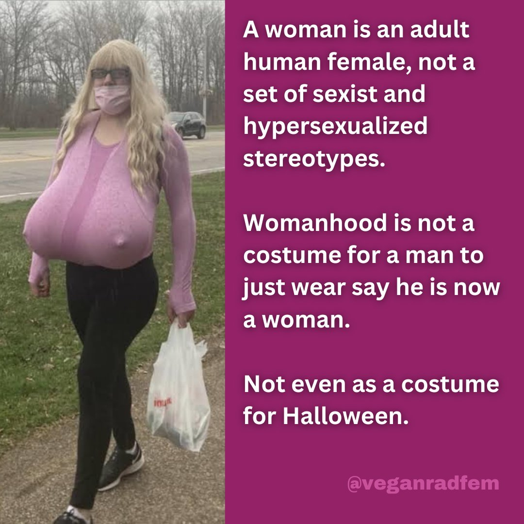 RadfemVegan's tweet photo. If transwomen are women, why do they always seem to wear "feminine" clothing and never "masculine"? If that's not enforcing gender stereotypes while being celebrated for it and seen as progressive and "inclusive", then I don't know that does.

#terf #transwoman #radicalfeminist https://t.co/82S1ovcQ7n
