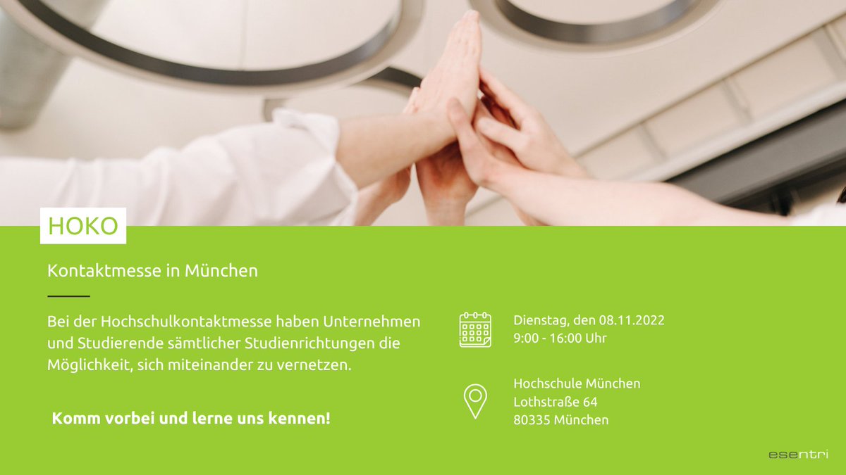Komm vorbei und lerne uns kennen bei der #Hochschulkontaktmesse HOKO in #München 🤝
Wir freuen uns auf spannende #Gespräche!