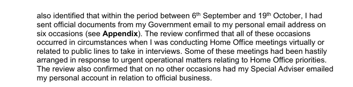 .<a href="/SuellaBraverman/">Suella Braverman</a> reveals she sent government documents to her personal email address on six occasions, so that she could refer to them when using her official device for Zoom calls. Very odd that the cabinet minister in charge of homeland security didn’t realise this was wrong