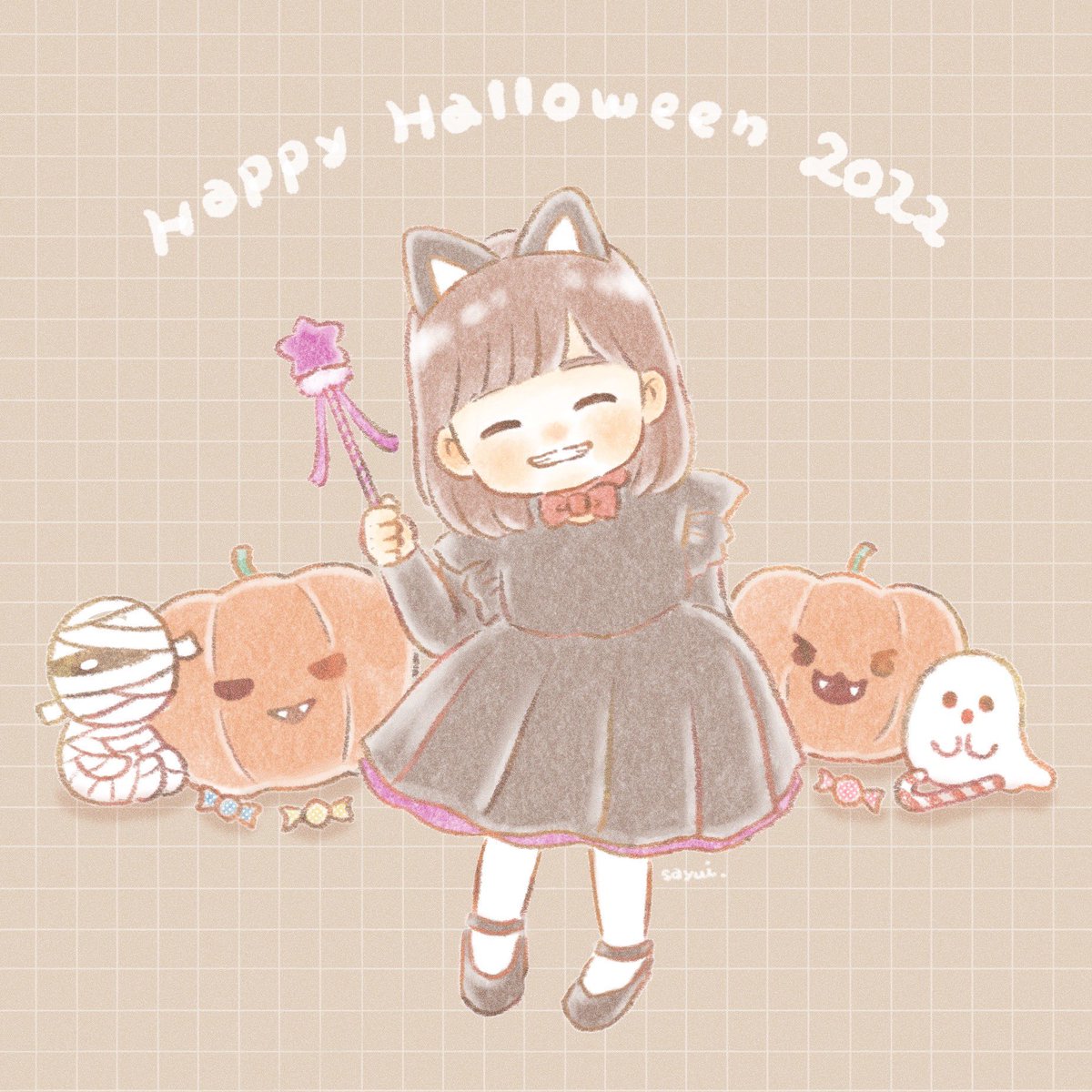 「Happy Halloween ⌒꙳.*。うにちゃんのハロウィンは黒猫ちゃんにな」|さゆい｜poca poca toのイラスト