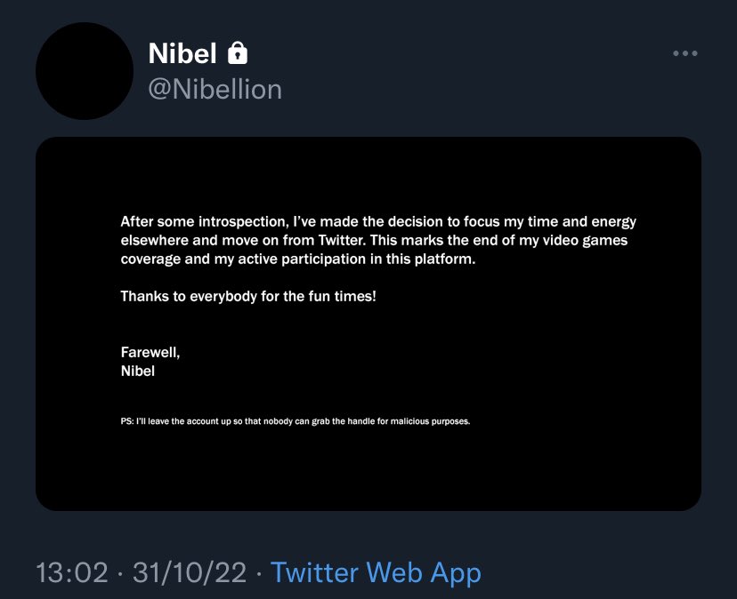 EdeaMoon_'s tweet image. Nibel, un gran referente en el mundo de los videojuegos, se va de Twitter 😔

Te echaremos de menos y esperamos con los brazos abiertos por si cambias de opinión 🫶🏻