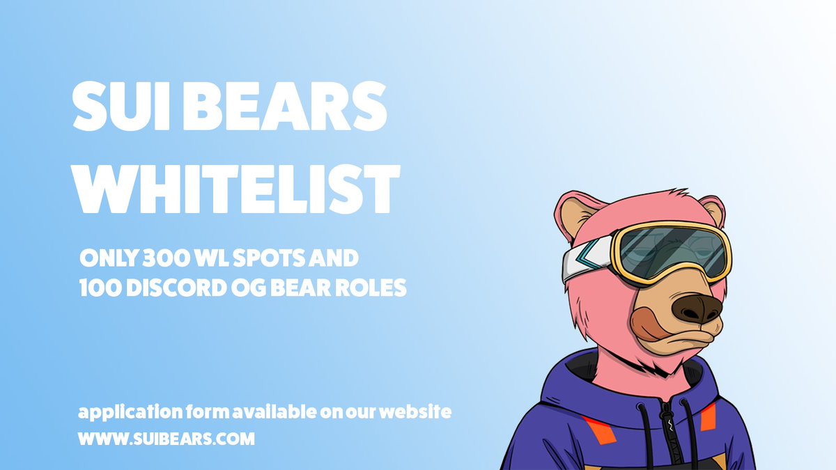 Only 300 WL spots and 100 Discord OG Roles are available for the early adopters

How to get a WL?
1. Fill WL form at the bottom of our website
2. Like + Retweet
3. Become OG Bear and get bonus $BEAR token

Be quick and good luck🍀

#Sui #SuiNFTs #Suiecosystem #SuiChain #Whitelist
