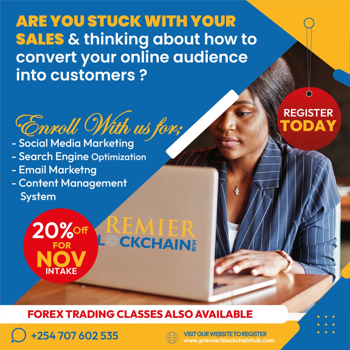 P_BlockchainHub's tweet photo. Black November is here again 20%discount on Digital and Forex classes.#IfikieRais #KMTC #MondayMotivation 

Register today :https://t.co/zElmr0WJ8b https://t.co/qiOdxy7miP