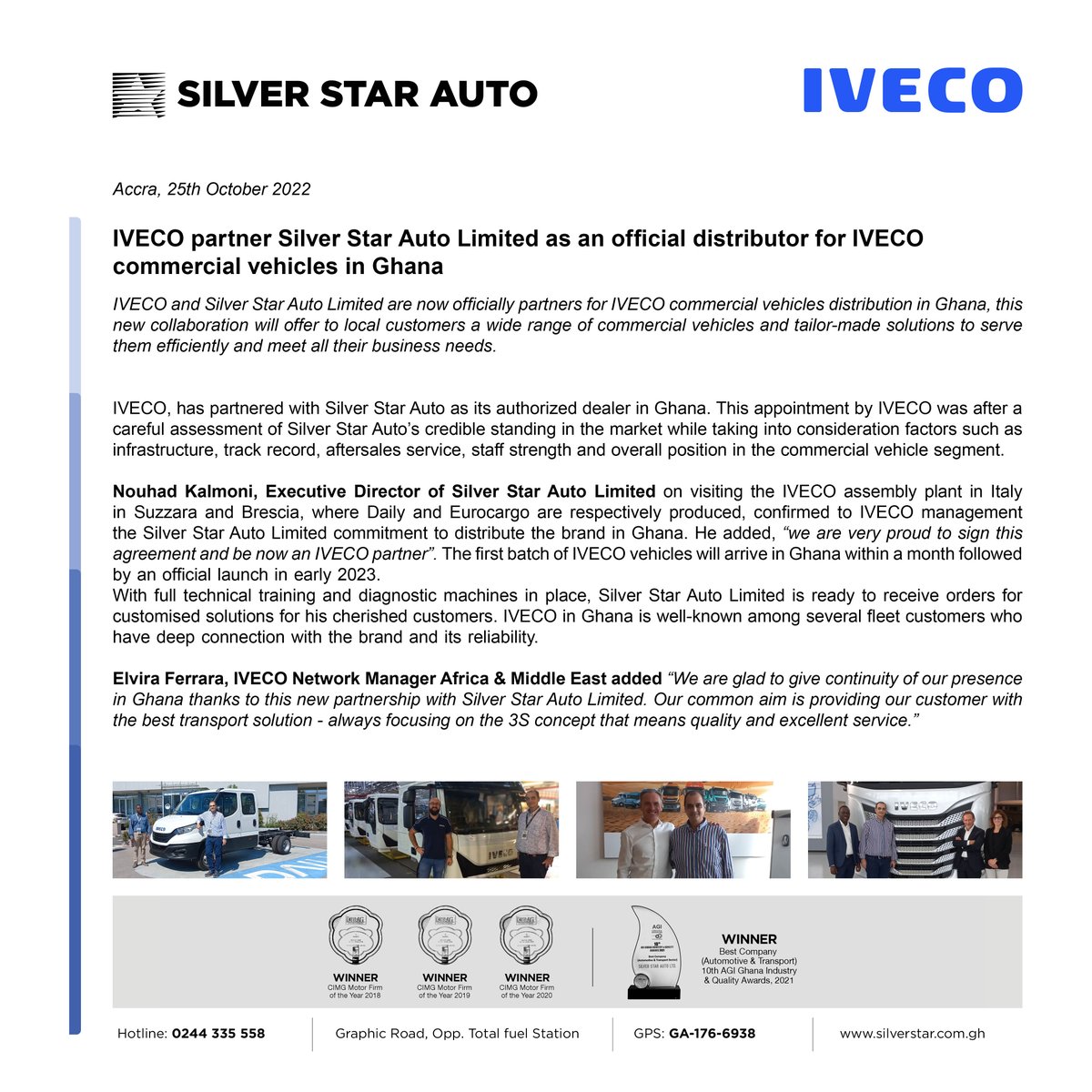 silverstarauto_'s tweet photo. October 31, 2022.

IVECO partner Silver Star Auto Limited as an official distributor for IVECO commercial vehicles in Ghana.

#SilverStarAuto
#QualityServiceOurPassion https://t.co/dLvvUVRJD4