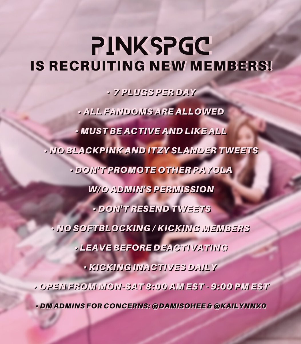 PINKSPGC's tweet photo. PINKS PGC IS RECRUITING NEW ACTIVE MEMBERS! 

- 7 plugs per reset
- must be active &amp; like all
- cu thru our likes after the gc closes
- MBF @PINKSPGC 

RT &amp; reply to join! https://t.co/yngMZDZxIV