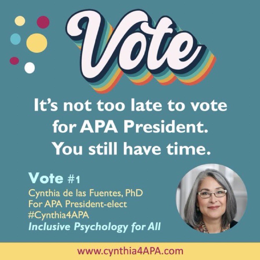 Cynthia4APA's tweet photo. #LastDayToVote 🗳
🔸Colleagues and friends, today is the last day to vote for @APA President!
🔸I welcome you to vote and remind others of the importance to participating in the election.
🔸Your Vote. Your Voice.
🔸Friends help friends vote.
🔸Rank #Cynthia4APA #1 https://t.co/kc8WuLMmtM
