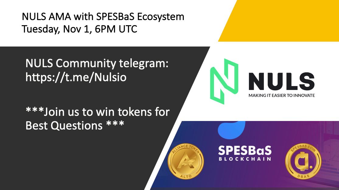 Nuls's tweet photo. Join our AMA with #SPESBaS
Tuesday, 6PM UTC,  Nov 1
NULS telegram Community 💎

Rt &amp; mention your friends 💚

#ALTO #NULS #DBAS https://t.co/gf7yqwKcQV
