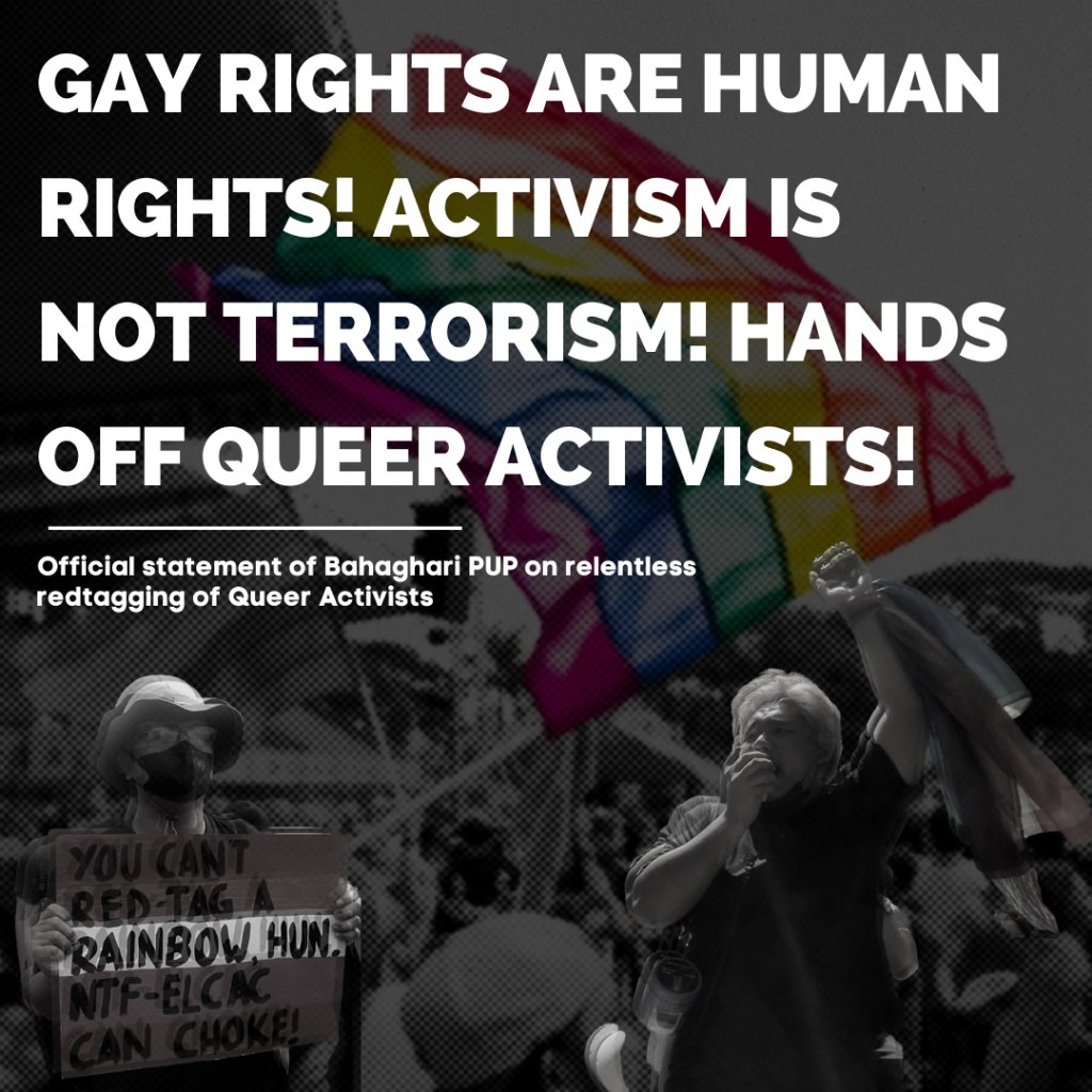 bahaghari_pup's tweet photo. GAY RIGHTS ARE HUMAN RIGHTS! ACTIVISM IS NOT TERRORISM! HANDS OFF QUEER ACTIVISTS!

#HandsOffQueerActivists
#NoToRedTagging
#StandWithBahaghari

Read the statement through: https://t.co/Rjc9MyknGQ https://t.co/f5g00Pojaf