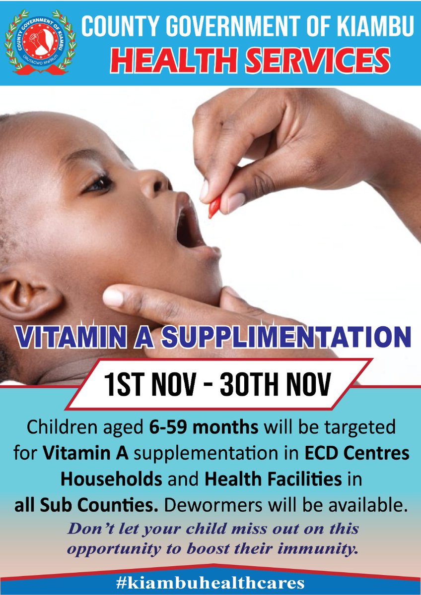ecdnetwork_ke's tweet photo. In our endeavor to advance Nurturing care for ECD in Kenya, we join @KiambuCountyGov who are rolling out Vitamin A supplementation for children aged 6-59months as shared in the poster below.
#kiambuhealthcares #VitaminA #deworming #boostingimmunity https://t.co/kgL9zreldK