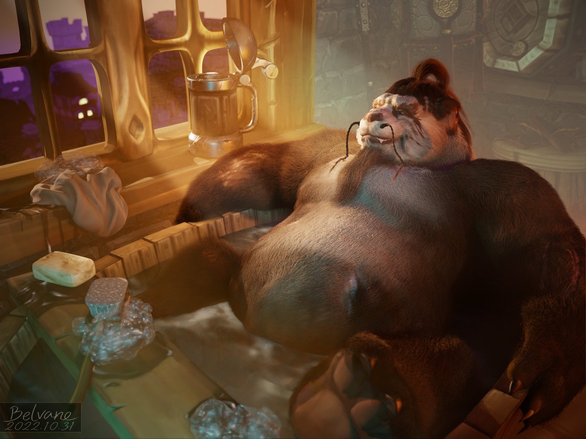 Belvane's tweet photo. Dear Blender, you handled seven particle systems on my 9 yol GPU after all! This isn't sarcasm - I'm in love!
Also grateful to @dragovianknight who showers me with appreciation for this picture of their pandaren, and to @therealshanbear who rendered what my GPU  couldn't handle. https://t.co/zKHg4LcR1W
