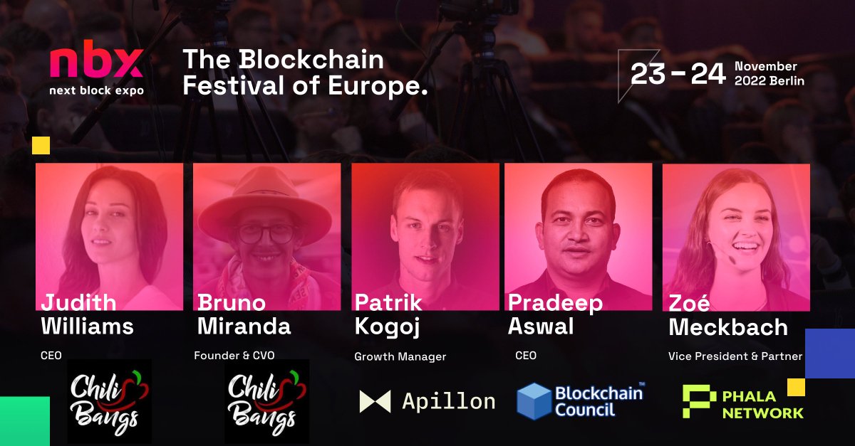 nextblockexpo's tweet photo. 🔊 More Speakers added to the Next Block Expo lineup:

👉  @JudithWilliams_ and Bruno Miranda @alchilibangs 
👉 @patrizio_bnp - @Apillon 
👉 Pradeep Aswal - @bcc_council 
👉 @zoemcfox - @PhalaNetwork https://t.co/dqU9sEh7k8