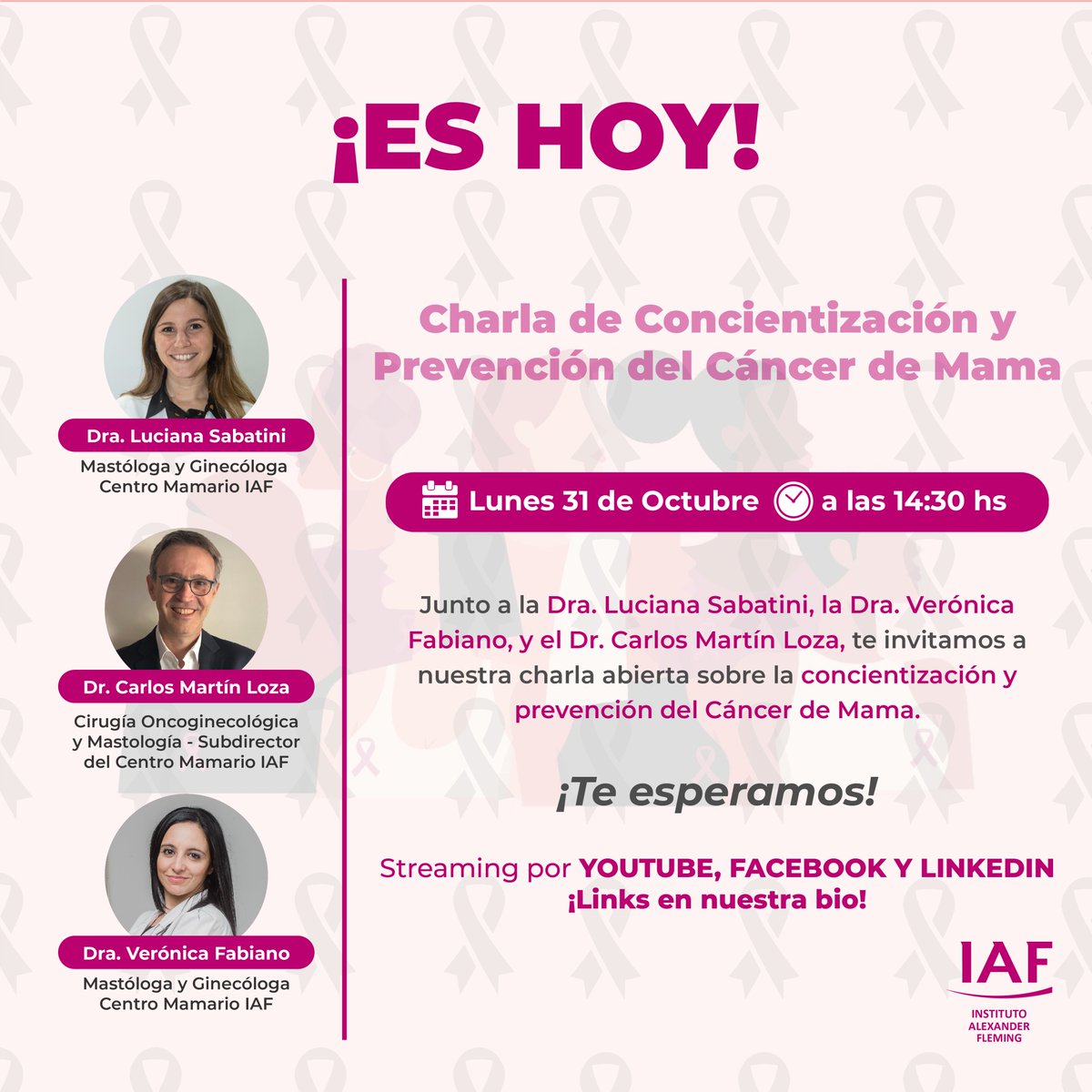 ¡ES HOY! Charla abierta sobre la prevención y concientización del Cáncer de Mama. 🗓️¡Hoy! Lunes 31 de octubre ⏰ 14:30 hs (Argentina) ✅ ¡Sumate! linktr.ee/InstitutoAlexa… ¡Se transmite por Facebook, LinkedIn y YouTube! Podés ingresar por la plataforma de tu preferencia #Charlas