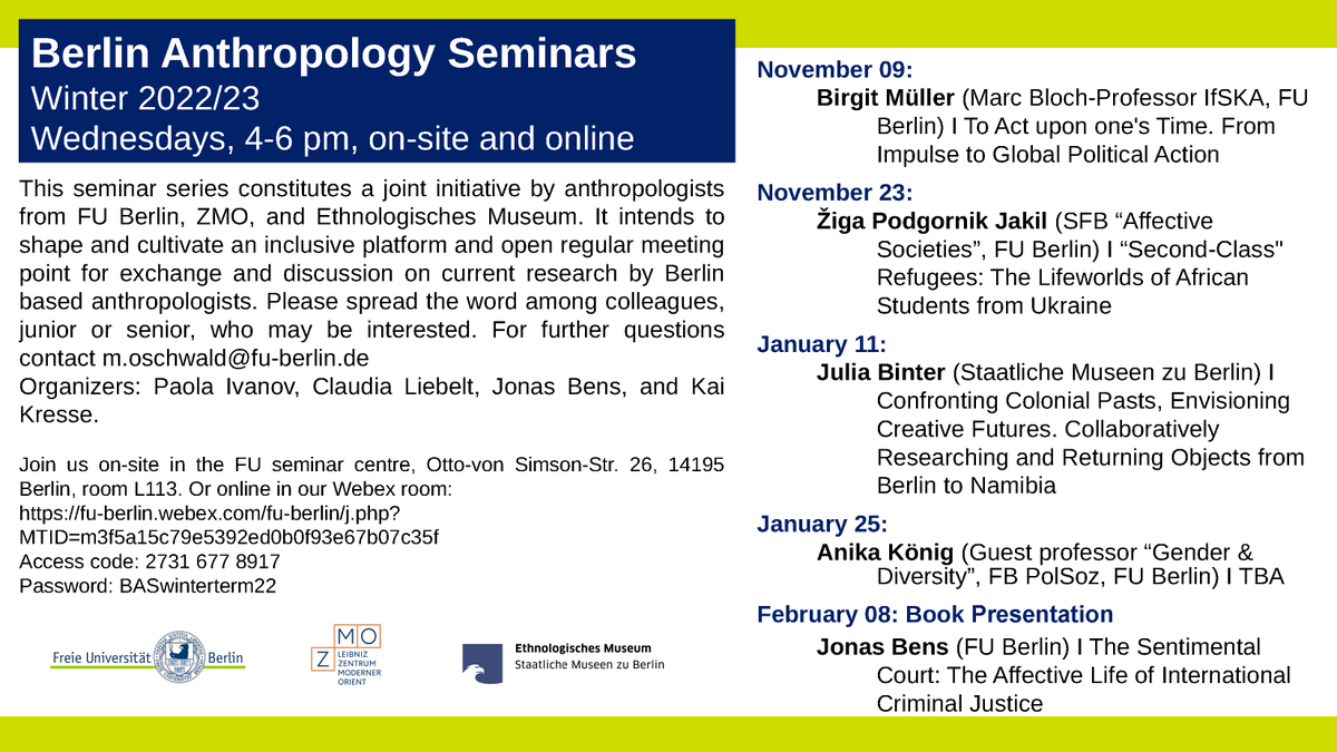 Jonas Bens (@jonas_bens) on Twitter photo Thrilled about our hybrid (!) #BerlinAnthropologySeminars this semester. We'll have on Birgit Müller (<a href="/EHESS_fr/">EHESS</a>), <a href="/ZJakil/">ziga.podgornik.jakil</a> (<a href="/sfb1171/">Affective Societies</a> <a href="/FU_Berlin/">Freie Universität</a>), Julia Binter (<a href="/kulturSPK/">Stiftung Preußischer Kulturbesitz</a>), <a href="/KonigAnika/">Anika König @anikakoenig.bsky.social</a> (<a href="/FU_Berlin/">Freie Universität</a>), as well as myself on my new book "The Sentimental Court". polsoz.fu-berlin.de/ethnologie/akt… Thrilled about our hybrid (!) #BerlinAnthropologySeminars this semester. We'll have on Birgit Müller (<a href="/EHESS_fr/">EHESS</a>), <a href="/ZJakil/">ziga.podgornik.jakil</a> (<a href="/sfb1171/">Affective Societies</a> <a href="/FU_Berlin/">Freie Universität</a>), Julia Binter (<a href="/kulturSPK/">Stiftung Preußischer Kulturbesitz</a>), <a href="/KonigAnika/">Anika König @anikakoenig.bsky.social</a> (<a href="/FU_Berlin/">Freie Universität</a>), as well as myself on my new book "The Sentimental Court". polsoz.fu-berlin.de/ethnologie/akt…
