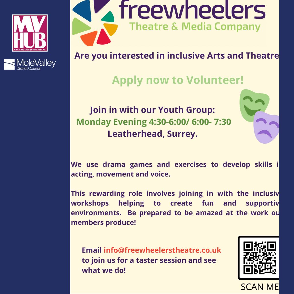 ShopSwanCentre's tweet photo. A creative opportunity in #Leatherhead has come up with Freewheelers seeking Youth Group volunteers in their workshops 💜
For more info, please contact @MoleHub
#Youth #Arts #Theatre #FreeWheelers #PurpleTuesday #MVHub #Inclusive #Inclusivity https://t.co/gs1GNMRAYW