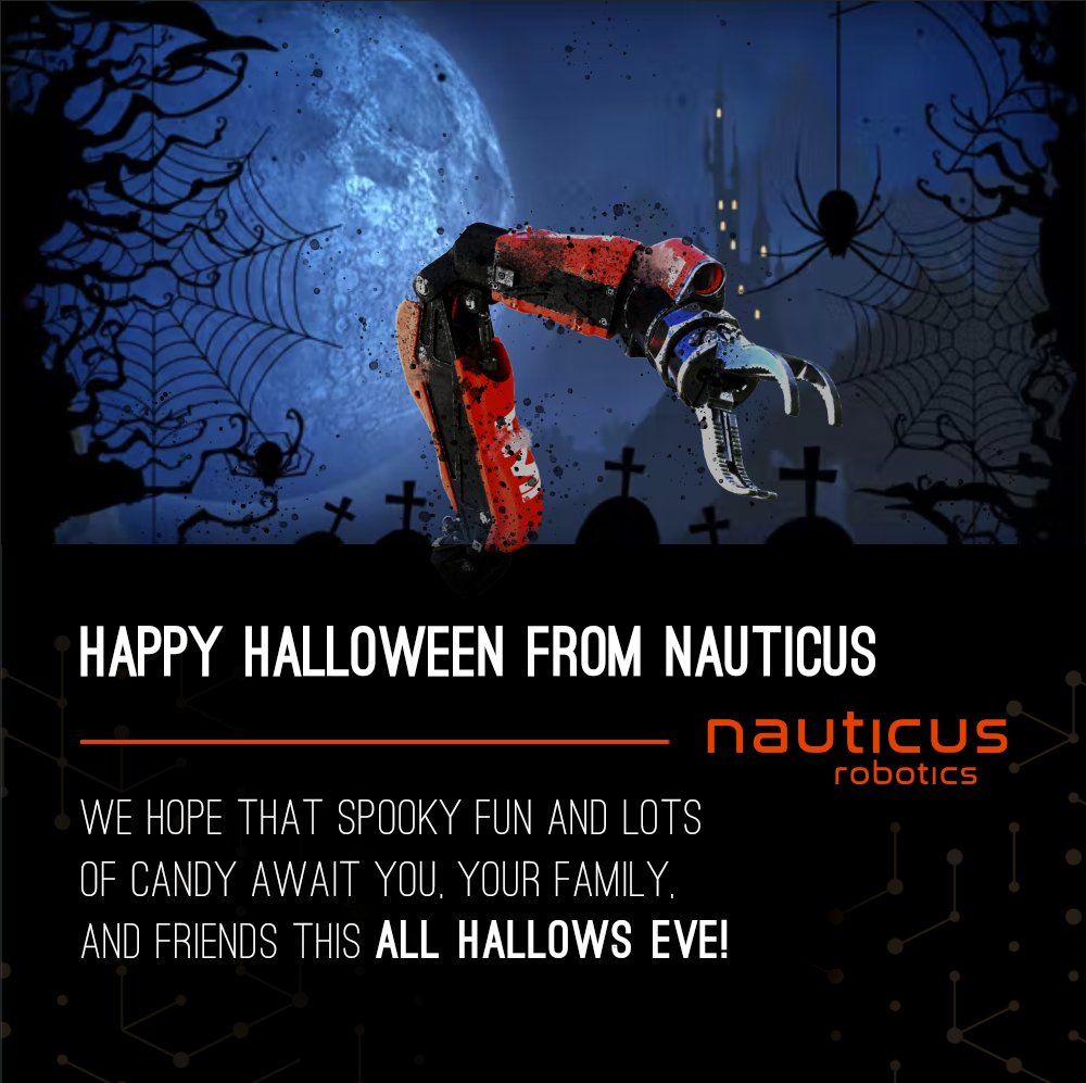 nautrobo's tweet photo. Happy Halloween from all of us at Nauticus Robotics!
#Halloween #KITT $KITT #Nauticus #robotics #olympicarm #toolkitt #hydronaut #aquanaut #supervised #autonomy #subsea #oilandgas #energy #wind #communications #environmental #perception https://t.co/TjpIslxxex