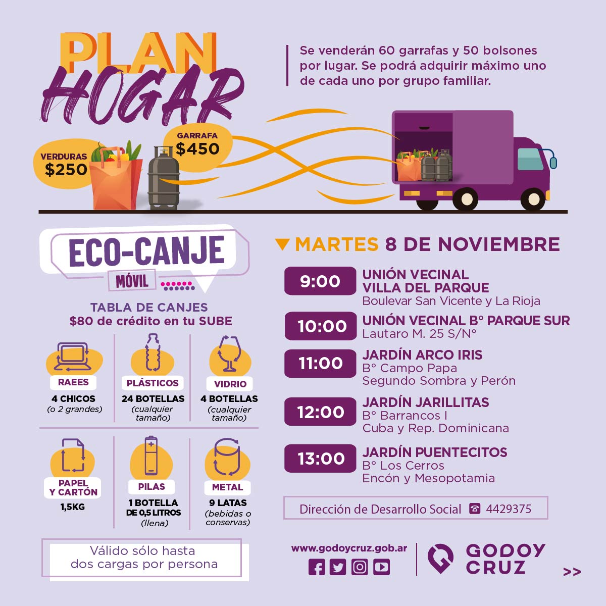 MuniGodoyCruz's tweet photo. Conocé el recorrido de mañana martes del #PlanHogar por Godoy Cruz
Acercate para comprar tu garrafa y bolsón de verduras a precios accesibles
#GCCreceConVos https://t.co/lty1d2MWUk