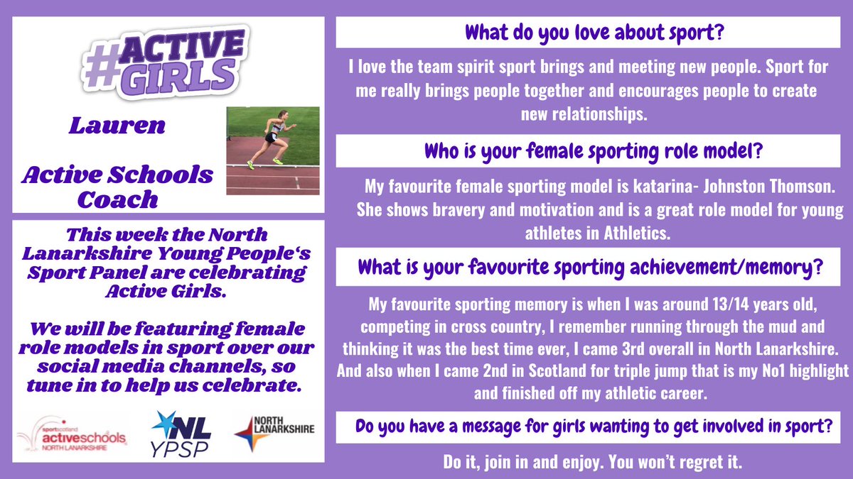 Today is our final day of celebrating #activegirls by featuring female role models in sport over our social media channels. Next up is Lauren, who is a coach for @NLActiveSchools @sportscotland @YouthSportTrust