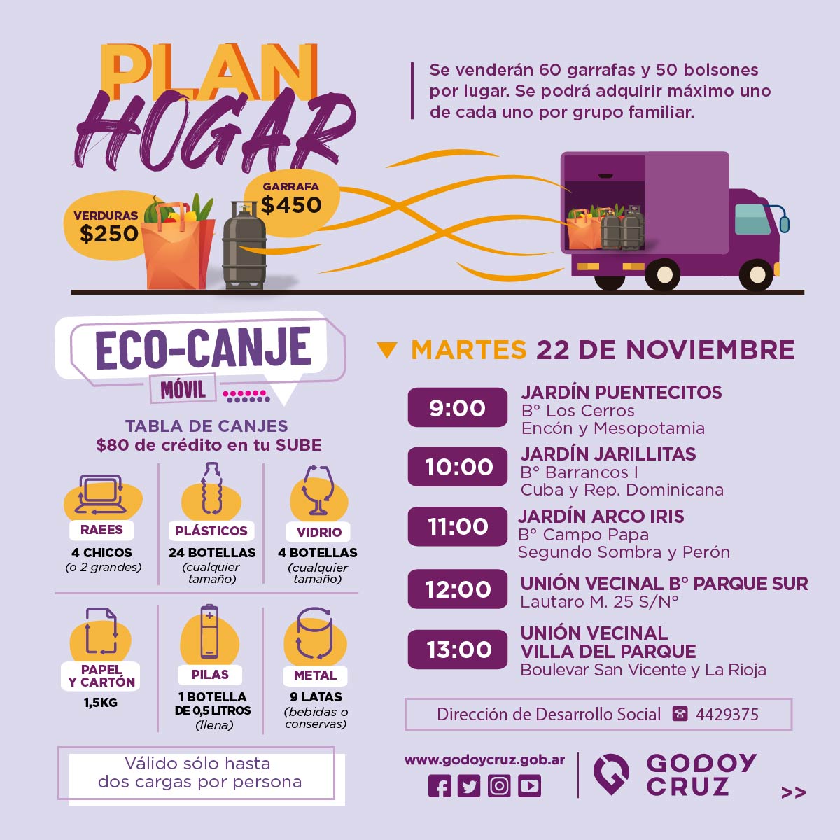 MuniGodoyCruz's tweet photo. Conocé el recorrido de mañana martes del #PlanHogar por Godoy Cruz
Acercate para comprar tu garrafa y bolsón de verduras a precios accesibles
#GCCreceConVos https://t.co/LualcktvCB
