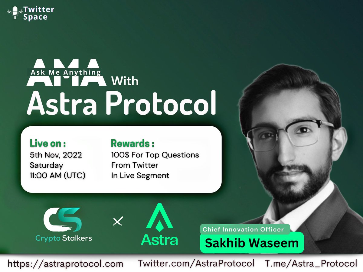 📣Next Twitter Space #AMA with @AstraProtocol on 5th Nov at 11:00 AM UTC

💰Rewards: 100$( Register Here to claim rewards astraprotocol.com/register-for-i… )

📍Venue: x.com/i/spaces/1yoKM…

〽️Rules:
✅Join and Stay in Space Till End
✅ Like &amp; RT &amp; Mention Friend