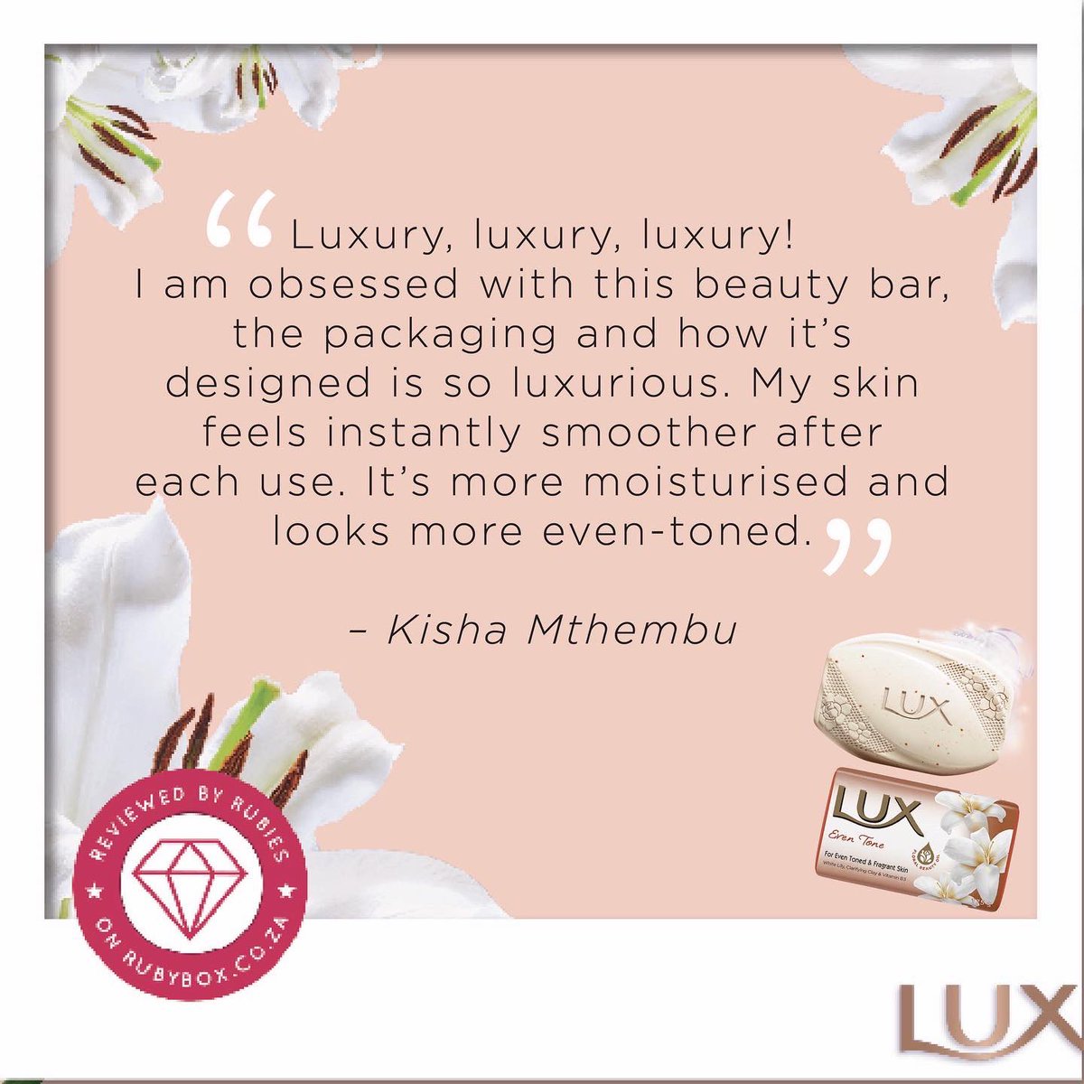 rubybox_beauty's tweet photo. The Summer season calls for even-toned, smooth glowing skin! Who is Summer ready all thanks to LUX Even-Tone beauty bars? ☀️💗
Read more: https://t.co/ectkX14311
#rubyboxLUX #LUXeventone #GlowUnapologetically #MyBeautyMyStrength https://t.co/NUAxY9SRUR