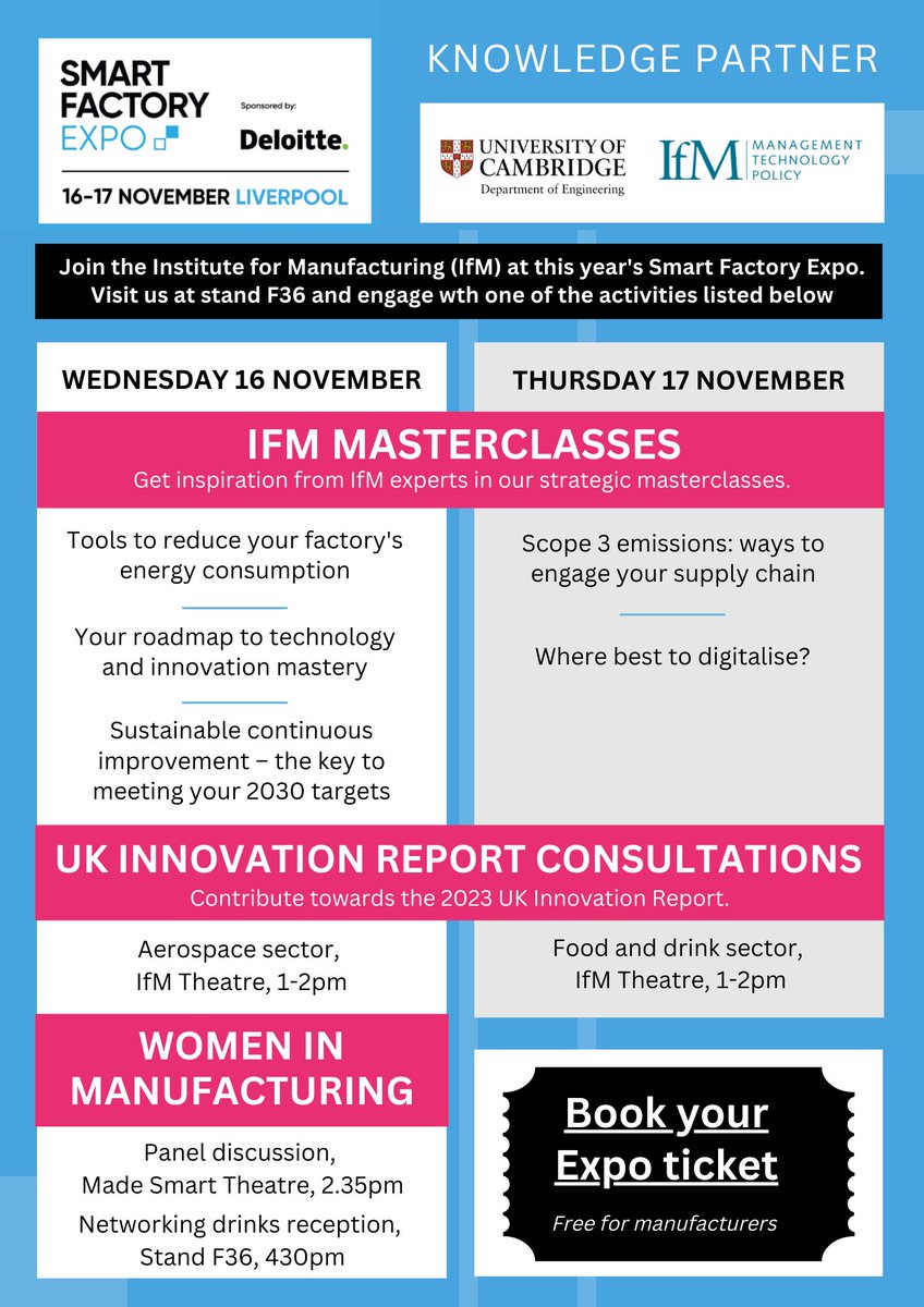 We are looking forward to the Smart Factory Expo @ #DigitalManufacturingWeek 2022!

Organised by <a href="/TheManufacturer/">The Manufacturer</a>, <a href="/IfMCambridge/">Institute for Manufacturing (IfM)</a> are knowledge-partners for the event &amp; will be a hosting a programme of masterclasses, talks &amp; networking events.

Sign up via: bit.ly/ifm-sfe