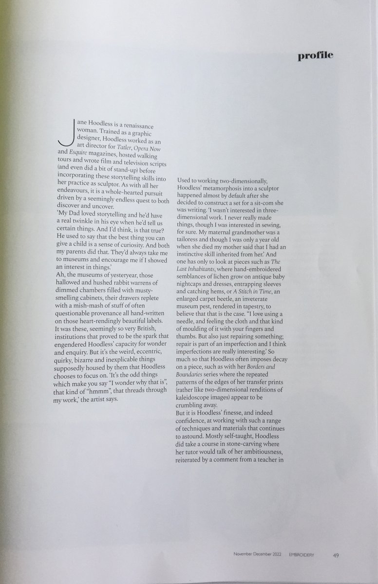 Really pleased with the 4-page profile that Embroidery (The Textile Art Magazine) have published about my practice in their Nov/Dec issue, in which I am described as a 'renaissance woman'...! [1/2] >>>