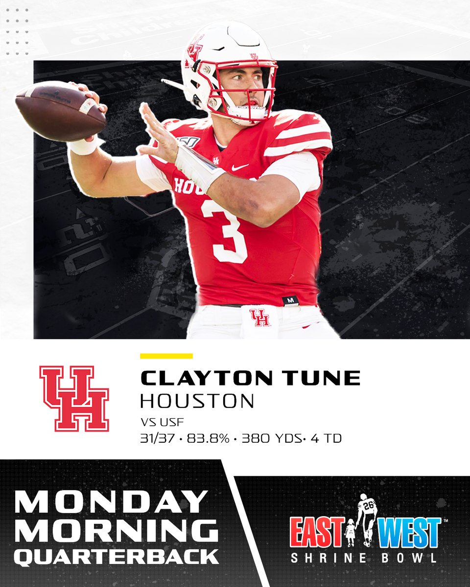Congrats to Clayton Tune (@ClaytonTune7) on a great game and reaching 10,000+ career passing yards in the win over USF! @UHCougarFB vs USF ▫️31/37 ▫️380 yards ▫️4 TDs #ShrineBowlMMQB