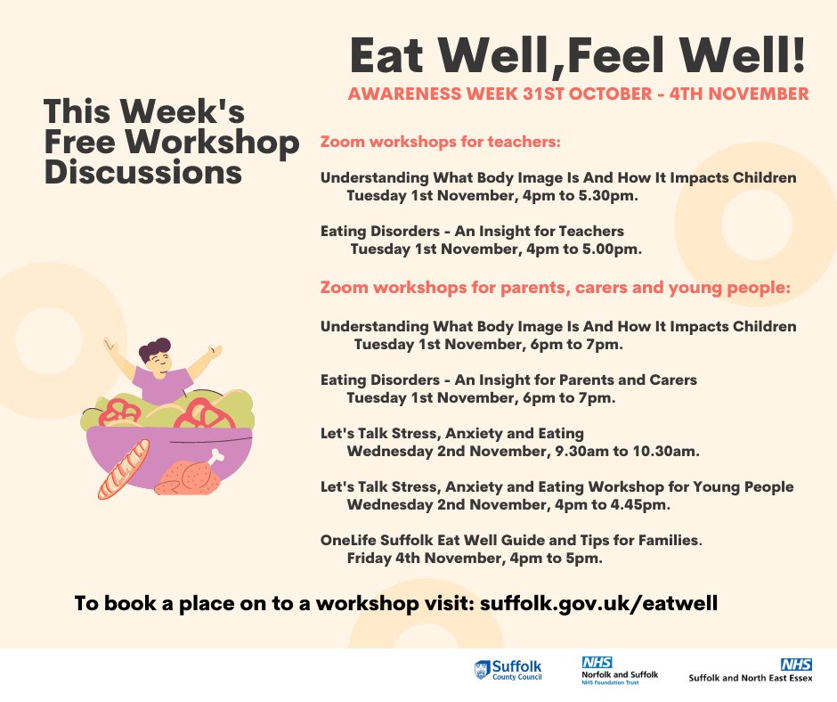 Find out about this week’s free ‘Eat Well, Feel Well’ awareness week workshops available to support families and schools around eating well and eating disorder prevention. To book a place, visit suffolk.gov.uk/eatwell Hosted by @SNEEICB_IES #SuffolkEatWell