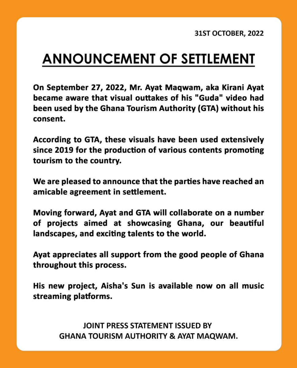 KiraniAYAT's tweet photo. Announcement of settlements. 
To the good people of Ghana, thank you. 🇬🇭 https://t.co/5JM6H2WyCe