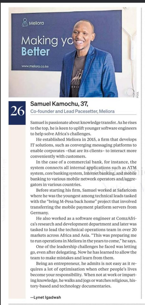 MelioraKE's tweet photo. We celebrate @kamochu, our lead pacesetter &amp; co-founder, and the founder of the #Natujenge initiative, for being featured in #Top40Under40MenKE @BD_Africa 2022 list.To know more about Meliora Technologies Limited, visit https://t.co/NzTpuo5XDu https://t.co/2gLdxpxOiB