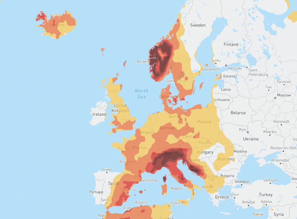Today, Bergen #Norway and Milan #Italy are both much warmer than normal: a balmy (for Bergen) 12°C (54°F),  24°C (75°F) in Milan. Climate change has boosted the chances of these temperatures by more than 5x. You can see today's #ClimateShiftIndex map at csi.climatecentral.org