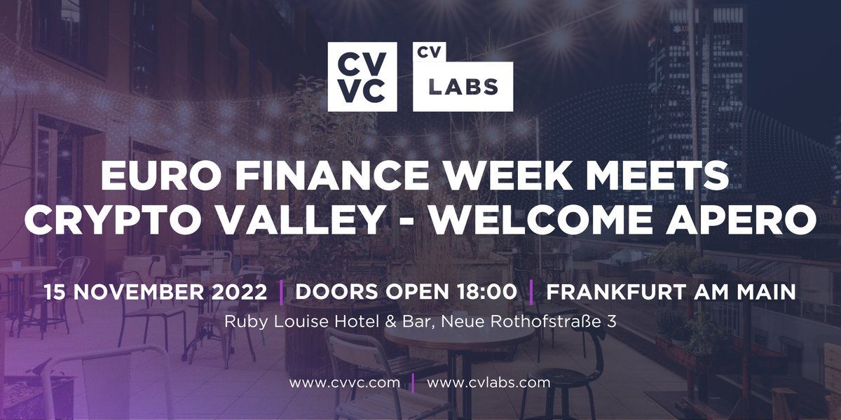 CV_Labs's tweet photo. 🇩🇪 #EuroFinanceWeek meets #CryptoValley! Join us for drinks and networking:  

📍 Ruby Louise Hotel &amp; Bar, Frankfurt am Main
⏰ November 15th at 6pm
🎟️ https://t.co/ga02PR5XRv

 #Blockchain #efweek22 @eurofinanceweek https://t.co/aXh1tiIhdo