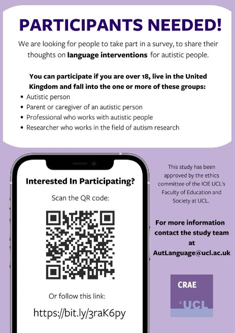 Researchers at <a href="/CRAE_IOE/">CRAE</a> are looking for people from the autistic and broader autism communities to take a survey to tell them your thoughts on language interventions for autistic people. The survey can be accessed here: bit.ly/3raK6py and the deadline is 14/11.