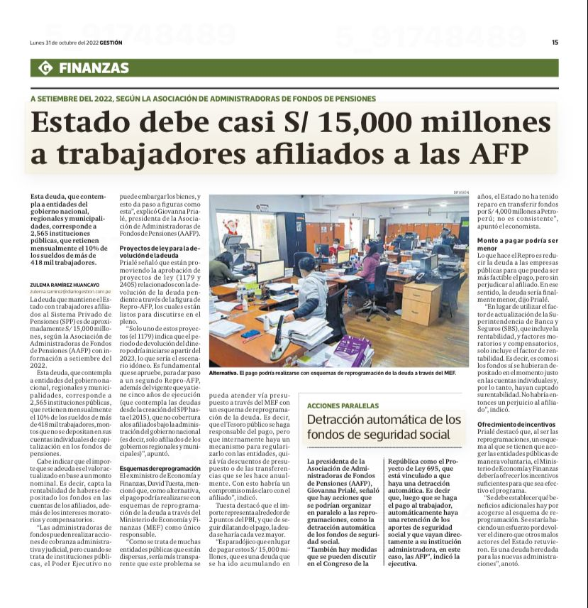 joaquinreyh's tweet photo. Insólito. El propio Estado mantiene una deuda de S/.15,000 millones con sus trabajadores por aportes a AFP. Les descuenta 10% del sueldo, pero luego no se los deposita en sus cuentas individuales (1/5) https://t.co/5psxrwPxiO
