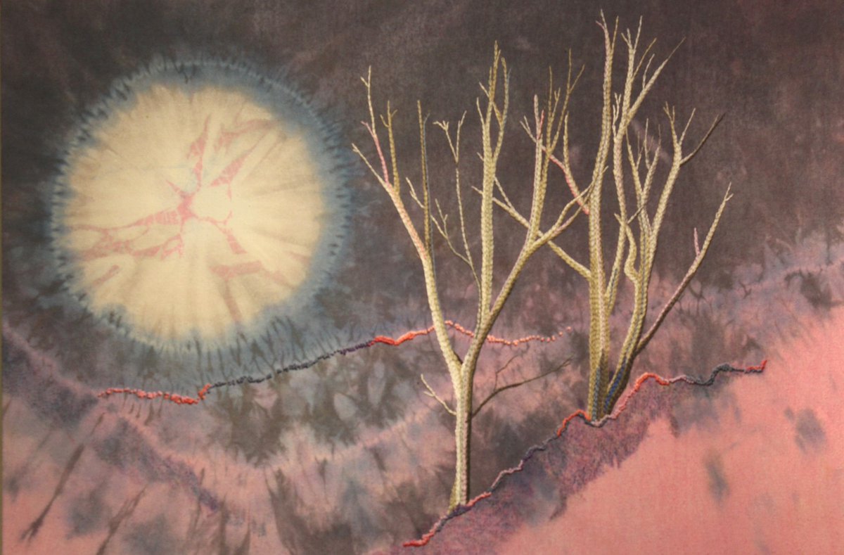 #ArtoftheDay: Fiberarts Guild of Pittsburgh Membership Exhibition
"Shadow Moon" by Sandra Trimble (Shibar/Hand Stitched Embroidery, $300) is currently on view in our gallery