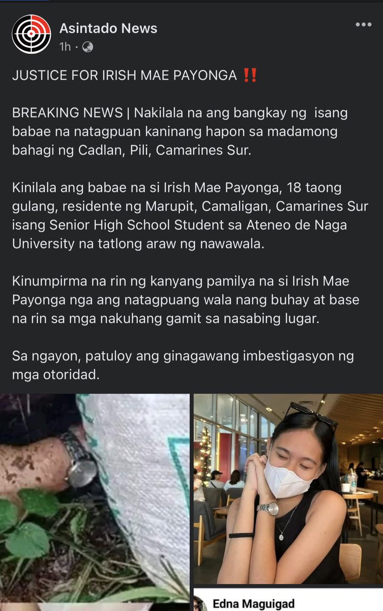 tw death

im not sure if this was shown in any national news today but an 18-year old SHS student in Naga City has been missing since the 28th and her body was found inside a sack earlier today in Pili, Camarines Sur.

please, please pray for her. #JusticeForIrishMaePayonga