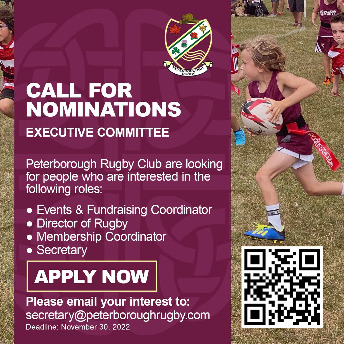 Peterborough Rugby is looking for volunteers interested in joining the Executive Committee.  The following roles will be vacant in 2023:

Events &amp; Fundraising Coordinator
Director of Rugby
Membership Coordinator
Secretary

Email secretary(at)peterboroughrugby.com if interested.