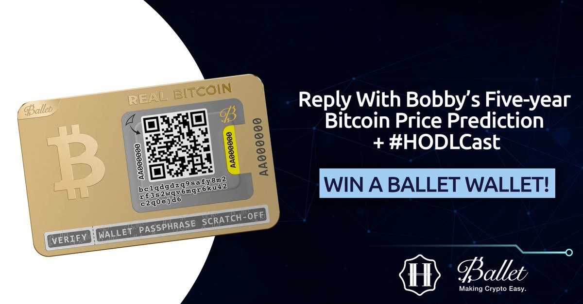 sashahodler's tweet photo. Last week on the #HODLCast, @bobbyclee joined me to talk bitcoin and the future. To celebrate we’re giving away a @balletcrypto wallet! 🎉 Be first to reply with #HODLCast + the correct guess of Bobby’s five-year Bitcoin price prediction (hint:💎🙌) #Ballet https://t.co/C3WDKTfI6X