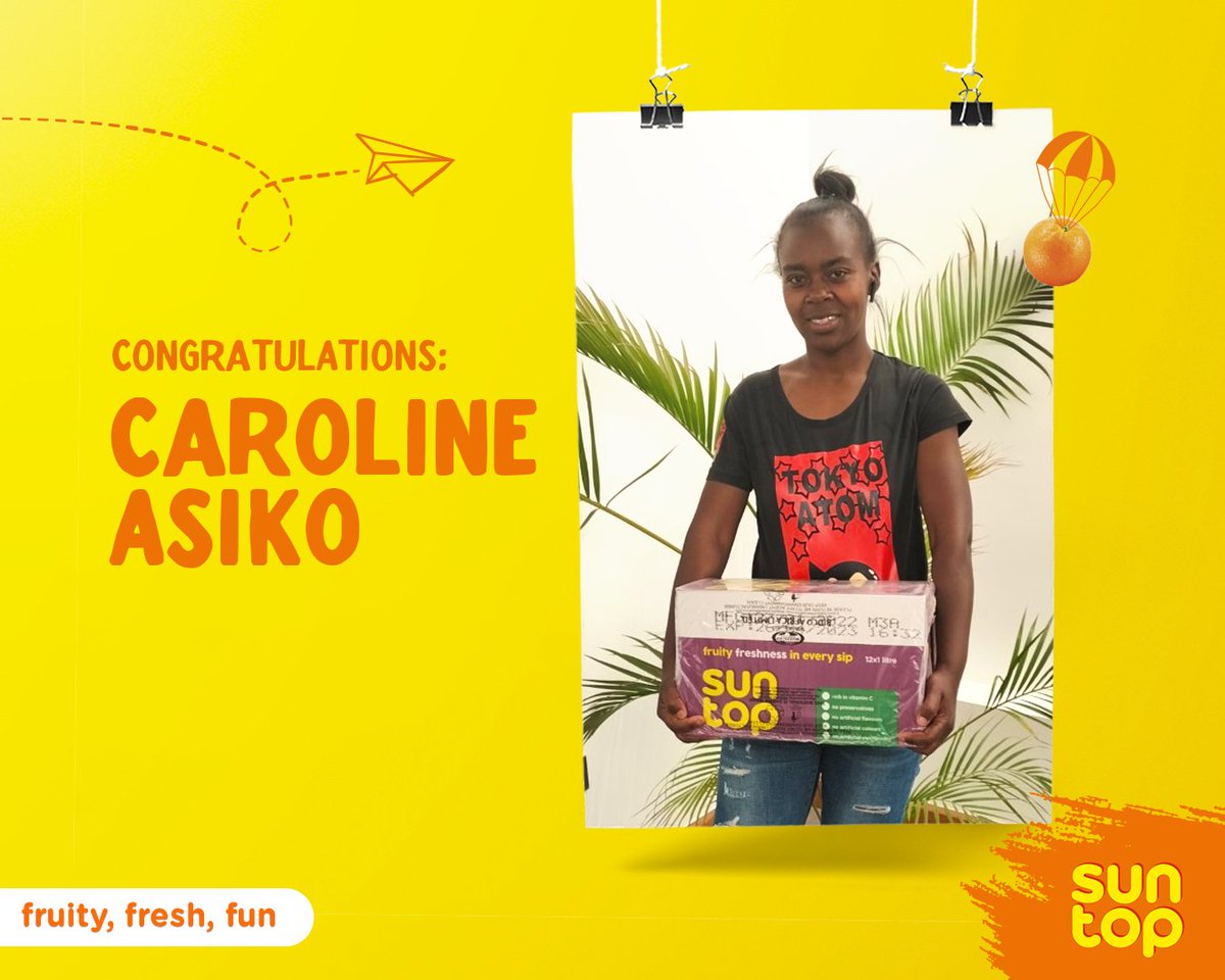 SuntopAfrica's tweet photo. Fridays are way more fun when you win a Suntop Hamper😃. Help Mr. Suntop congratulate Caroline Asiko on winning a Suntop Hamper🎉.
#FruityFreshFun #MySuntopFlavor #HamperWinner #Fun https://t.co/4SF2aqmQHg