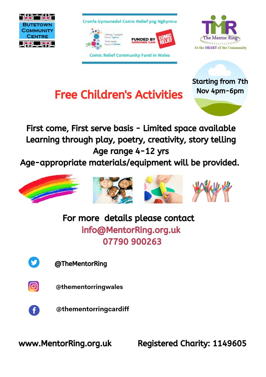 TheMentorRing's tweet photo. If you want to come together to have fun in a safe environment and learn while doing so @TheMentorRing is back with children activities for 4-12 years old starting from 7th November. Thank you @comicrelief @C3SC #TSSW #communitywellbeing https://t.co/YvnqSoUFky