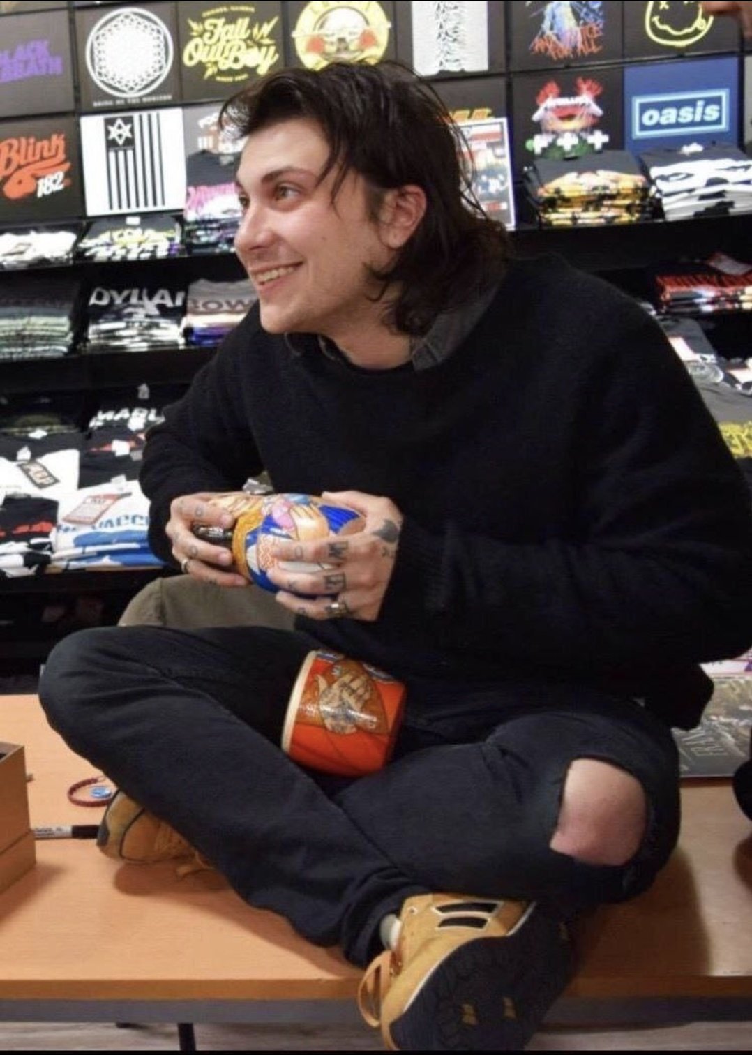 Happy birthday to frank iero sitting on tables 