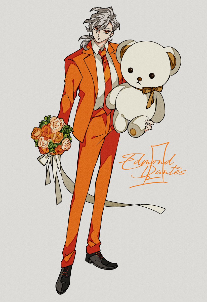 1boy male focus necktie bouquet formal teddy bear holding  illustration images