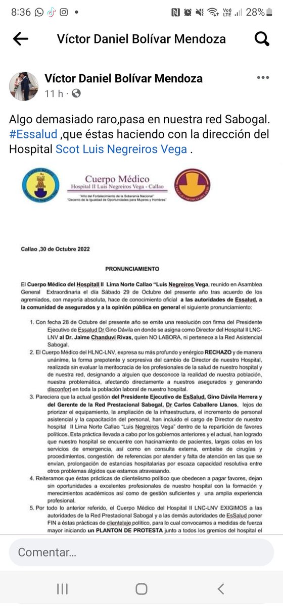 VictorBolvar1's tweet photo. #HospitalNegreiros @EsSaludPeru ,protesta cambio de Director en fin de semana largo,que no conoce realidad de callao y lima.@RPPNoticias ,@Latina_pe @exitosape https://t.co/YaEjEv9Xqt