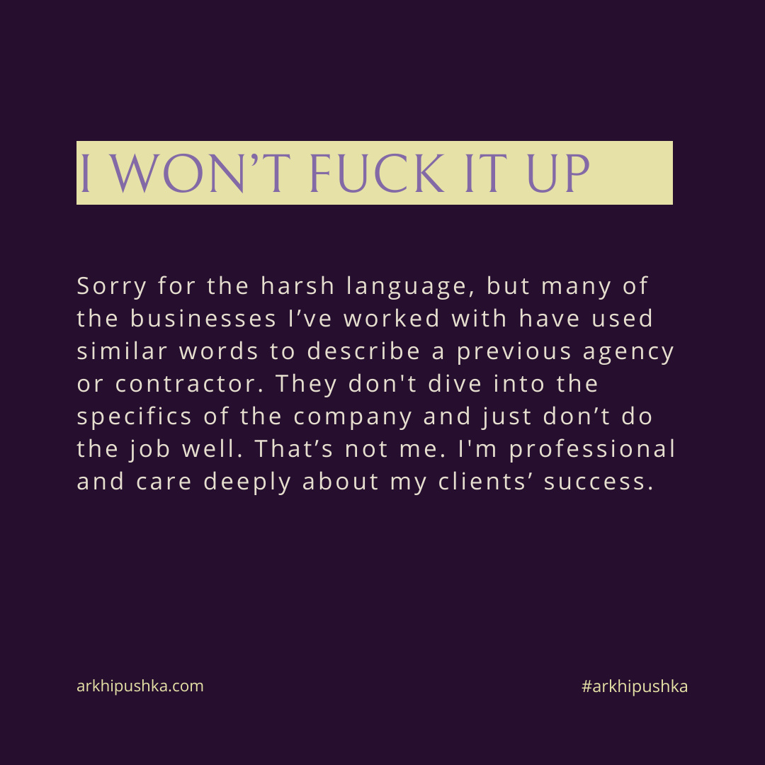 arkhipushka's tweet photo. Why Work with Me

I WON'T F*CK IT UP.
I'LL TREAT YOU AS AN INDIVIDUAL.
I AM ORGANIZED
I AM EXPERIENCED
I AM PROACTIVE
I ALWAYS STAY-IN-TOUCH

Learn more at https://t.co/C4ZbVofFuF
#arkhipushka https://t.co/rOiOOLM4wQ