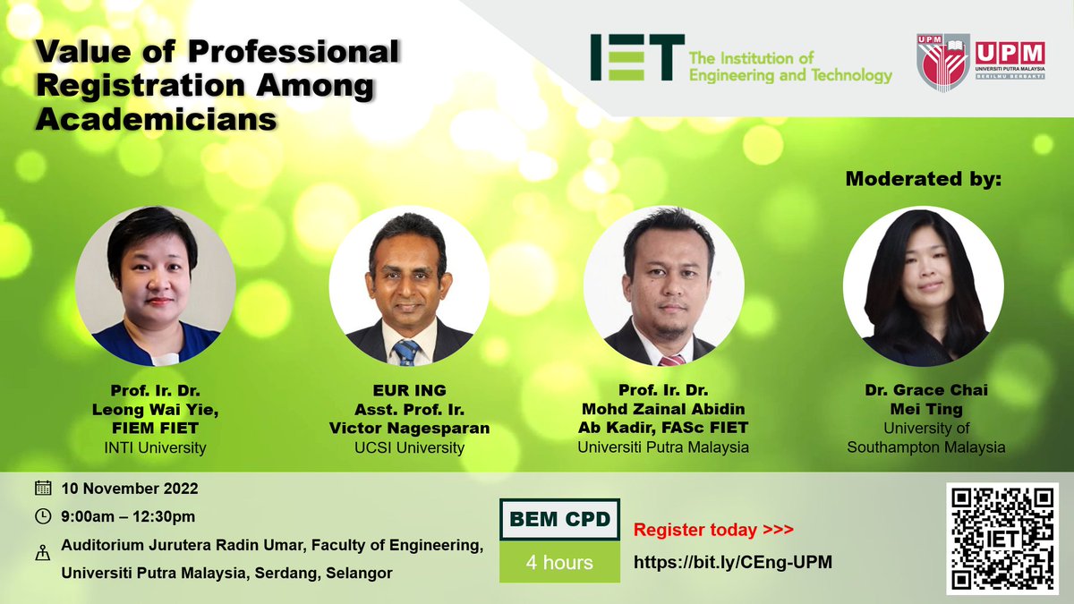 9W8VWL's tweet photo. Myth: Professional registration is not for academics

Join Prof. Ir. Dr. Zainal Abidin, EUR ING Asst. Prof. Ir. Victor Nagesparen, Prof. Ir. Dr. Leong Wai Yie, and Dr Grace Chai on November 10, 9am to 12:30pm, at Universiti Putra Malaysia, Serdang, Selangor as they debunk this. https://t.co/B739z7r2nx