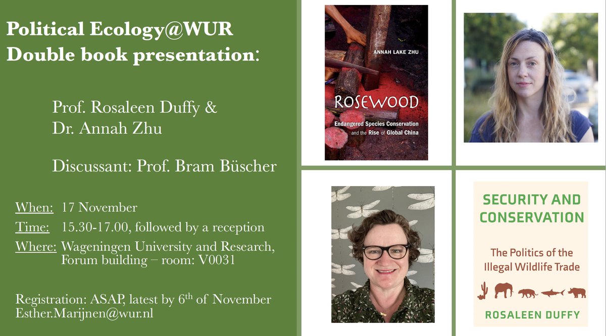 Political Ecology event @WUR Double book presentation by @biosec_erc and @AnnahZhu on Endangered Species Conservation: Security, Illegal trade and International Networks - 17th of November in Wageningen. Register now! ⬇️