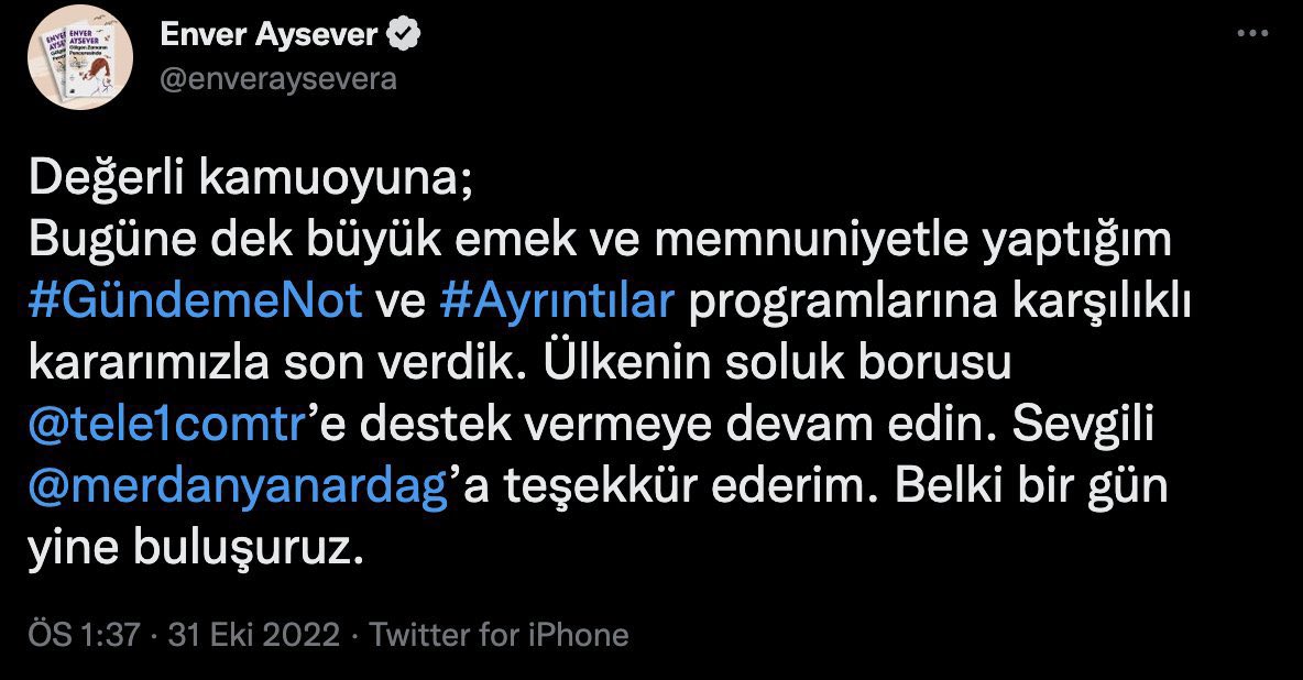 Son günlerde 6'lı masayı ve Ekrem İmamoğlu’nu eleştiren yayınlar yapan Enver Aysever'in CHP'nin fonladığı TELE 1 ile yolları ayrıldı.